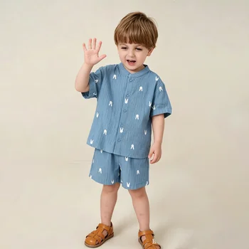 Summer Organic Cotton Baby Boy Suits Cute Printed Boy Short Sleeve Tshirt + Shorts Kids Clothes