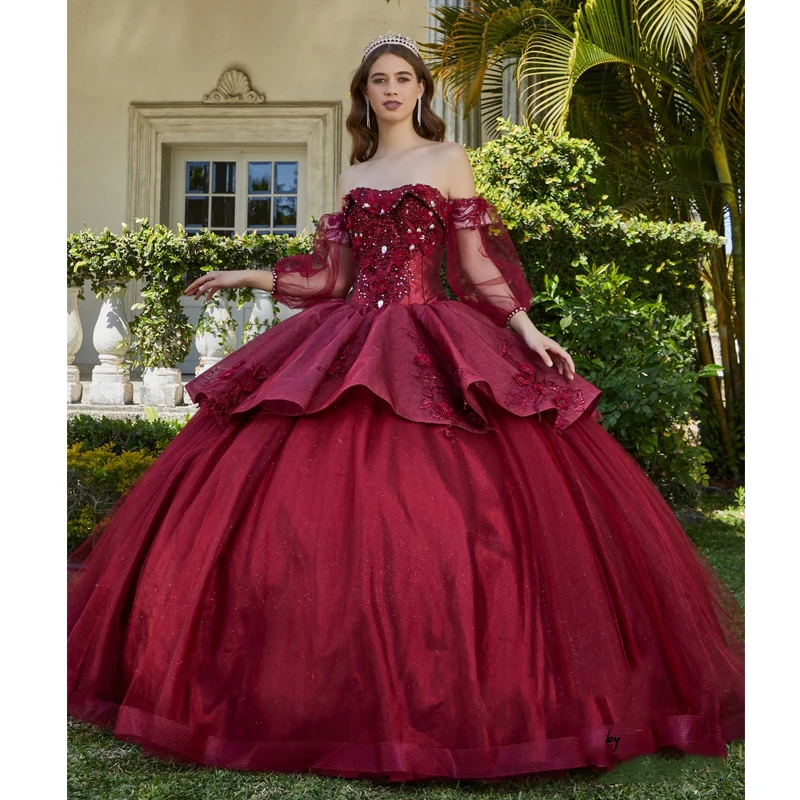 

Red Quinceanera Dresses Ball Gown Appliques Lace Crystal Long Sleeves Off Shoulder Handmade 3DFlowers Sweet 15 Party Dress