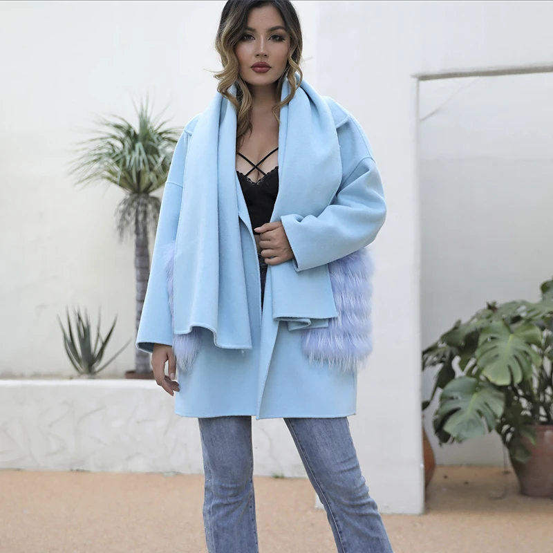 

MISSJANEFUR Wool Coat with Real Fox Fur Pockets Women 2024 Fashion Belted Cashmere Coats Warm Winter Hooded Trench Peacoat