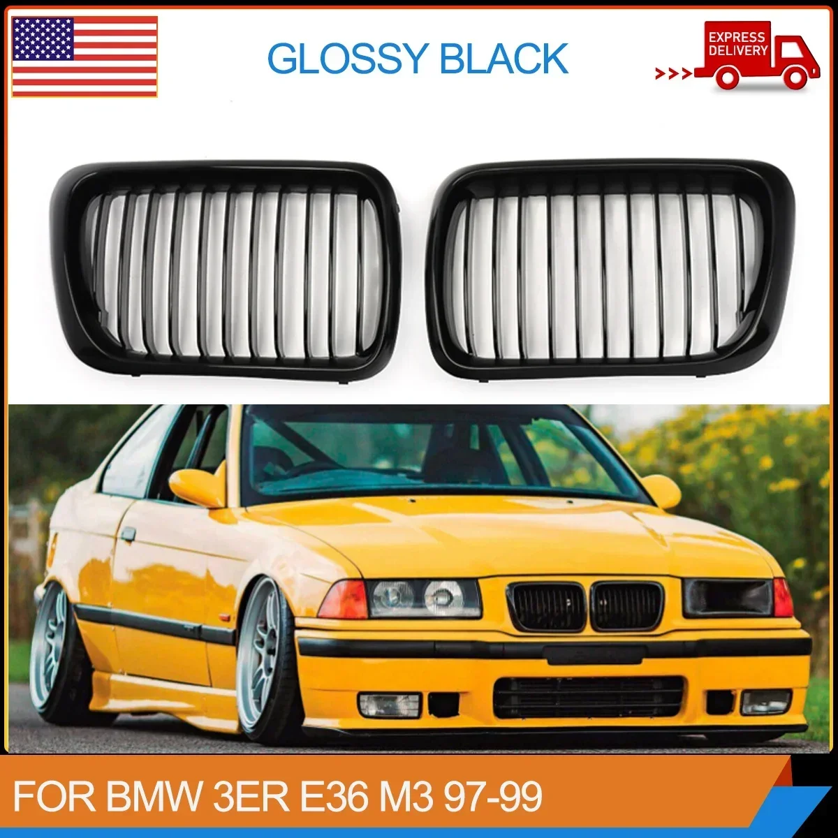 Front Hood Kidney Grille Grill Gloss Black High Quality ABS Plastic For BMW 3 Series M3 E36