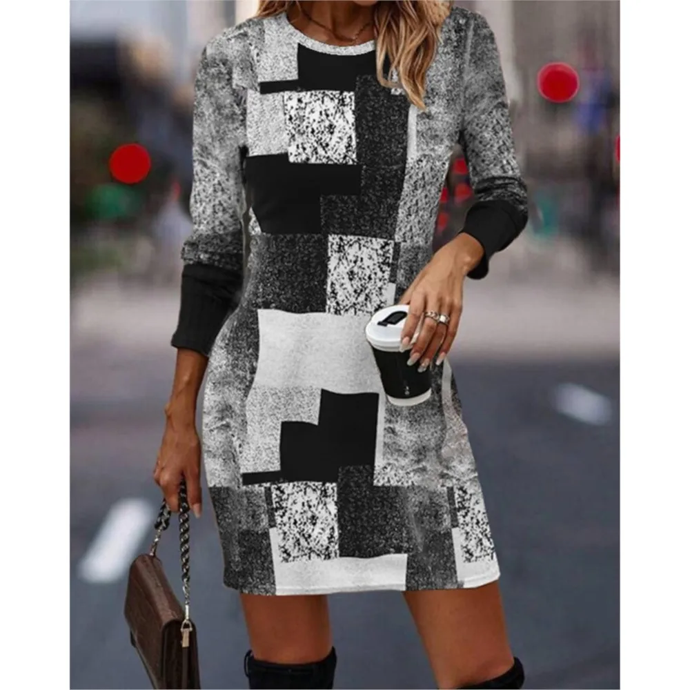 

Spring Autumn Women Fashion Geometry Pattern Print Dress Female Long-sleeve O-neck Elegant Package Hip Mini Dresses Vestidos