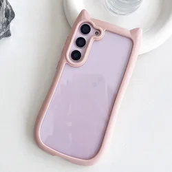Korean Cute Candy Color 3D Cat Ears Transparent Phone Case - Kawaii Shockproof Soft Border Cover - Samsung Galaxy S23 (Pink)