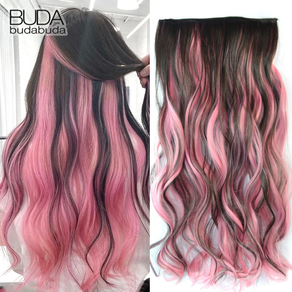 

Synthetic Long Wavy 5 Clip In Hair Extensions 22Inch Synthetic Fiber Heat Resistant Hairpiece Black Pink False Hair Daily Use