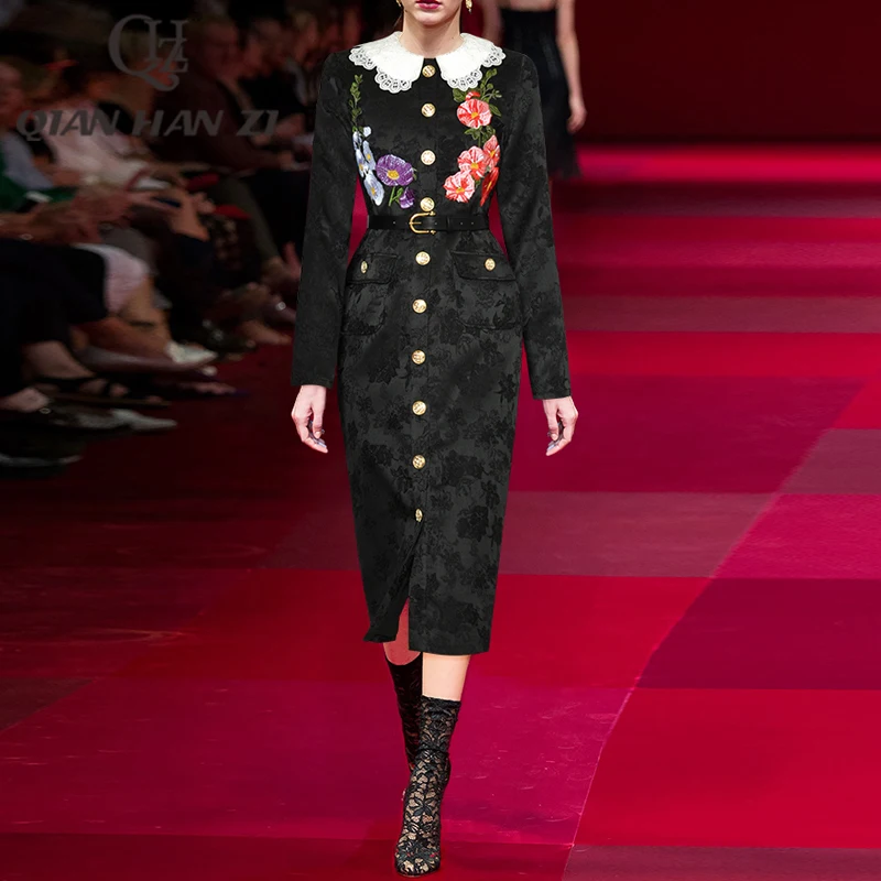 

Дизайнерское модное винтажное платье с вышивкой QHZ, женское кружевное однобортное жаккардовое облегающее платье с высоким разрезом и поясом