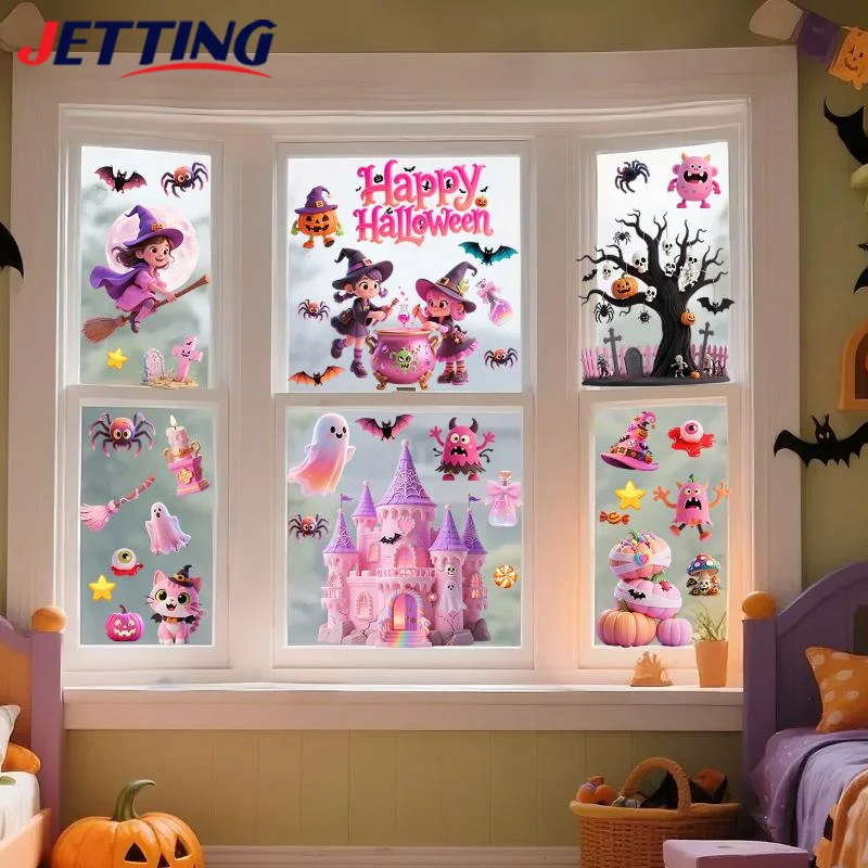 1set Halloween Window Sticker Pumpkin Bat Castle Pattern Wall Stickers Halloween Decals