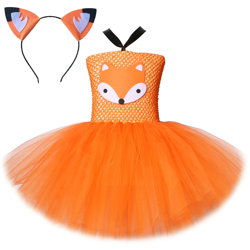 Orange Fox Costumes for Baby Girls Animal Halloween Dresses with Ears Hair Bow Kids Birthday Party Outfit Children Fancy Clothes