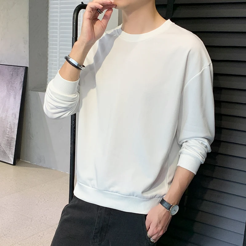 

Spring and Autumn Round Neck Loose Sweater Long sleeved Men's Simple Solid Color Casual New Men's Top Thin T-shirt Long sleeved