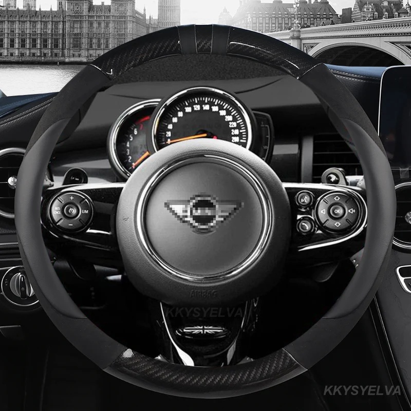 Carbon Fiber +leather Car Steering Wheel Cover 38cm For Mini Cooper S
