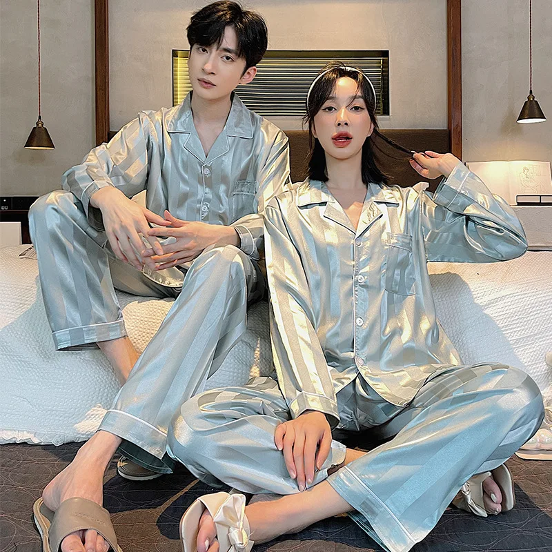 Couple Pajamas, Women's Autumn Ice Thin Long Sleeved Pants, Loose and Simple Men's Large Home Clothing Set