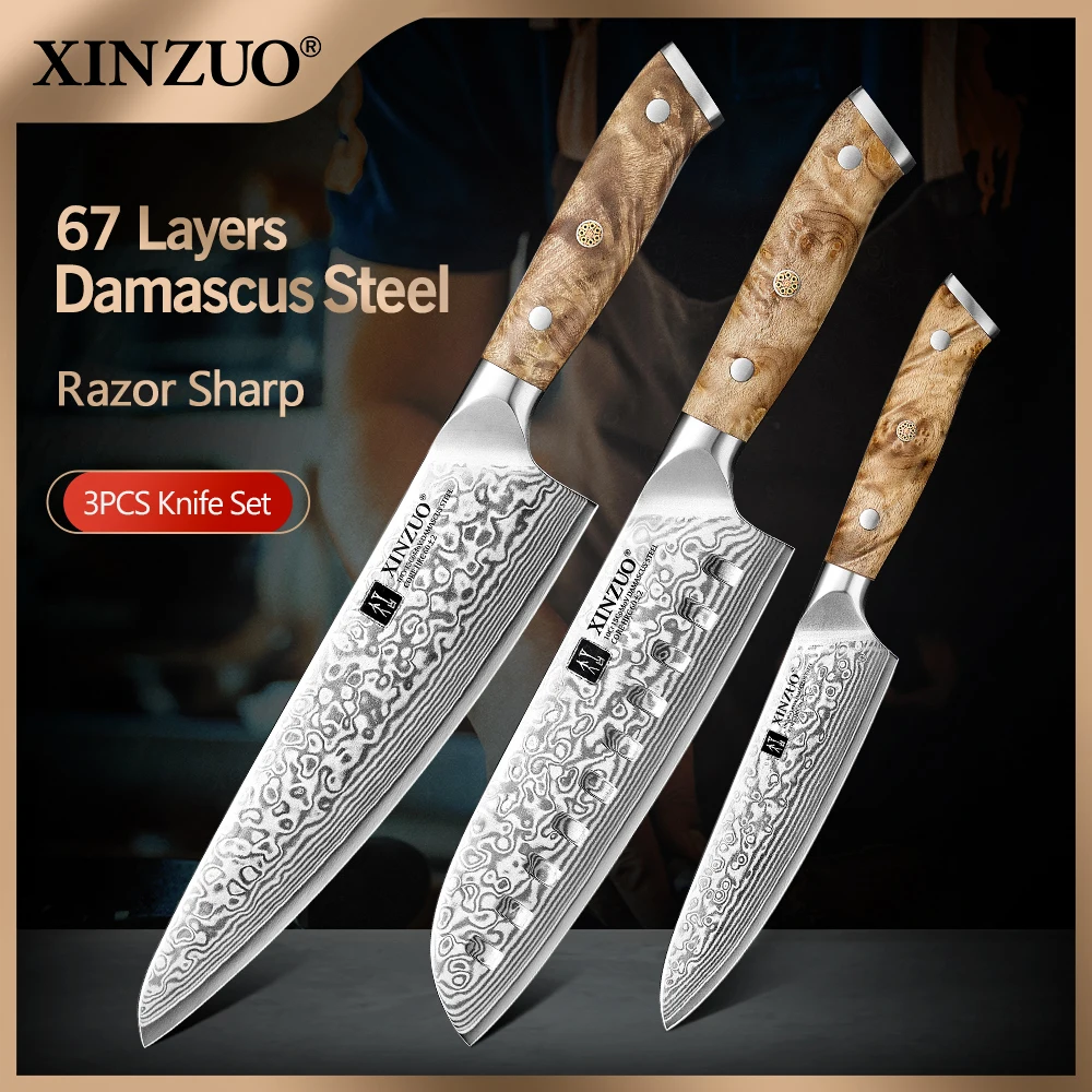 XINZUO 1-3PCS เหล็กดามัสกัสชุดมีด Chef Santoku Utility มีด 67 ชั้น Super STEEL คิด Sycamore ทองเหลือง Rivets 60HRC 1