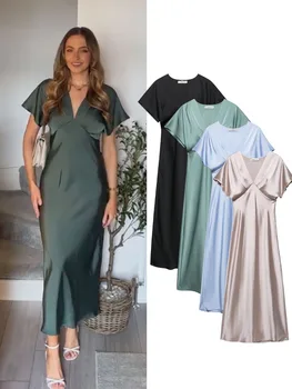 TRAFZA Abiti longuette stile pigiama elegante estivo per donna Abito con scollo a V solido vintage con maniche corte in raso di seta pieghettato 1