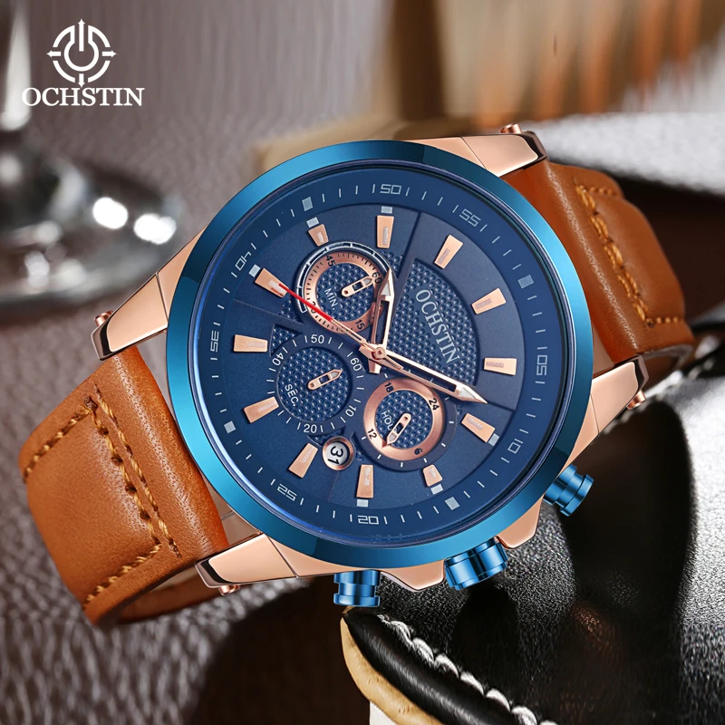 ochstin top brand multifunctional quartz watch leather strap mineral hardened galss 30 meters life waterproof watches OCHSTIN Pilot Series Multi-functional Quartz Watch With Hard Lid Glass Calendar Timing 30 Meters Life Waterproof Quartz Watch