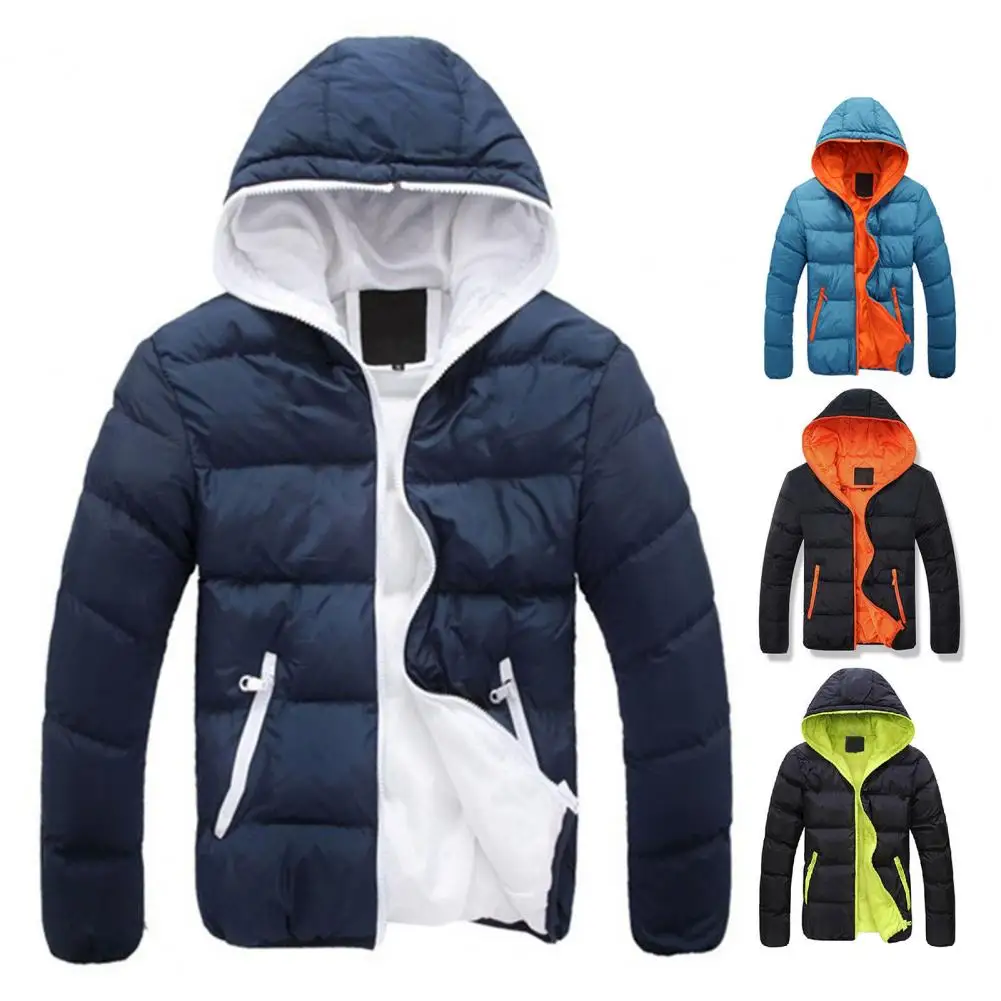 

Hooded Cotton Coat Stylish Men's Winter Padded Jacket Hooded Drawstring Long Sleeve Zipper Placket Slim Fit Thickened Warm Coat