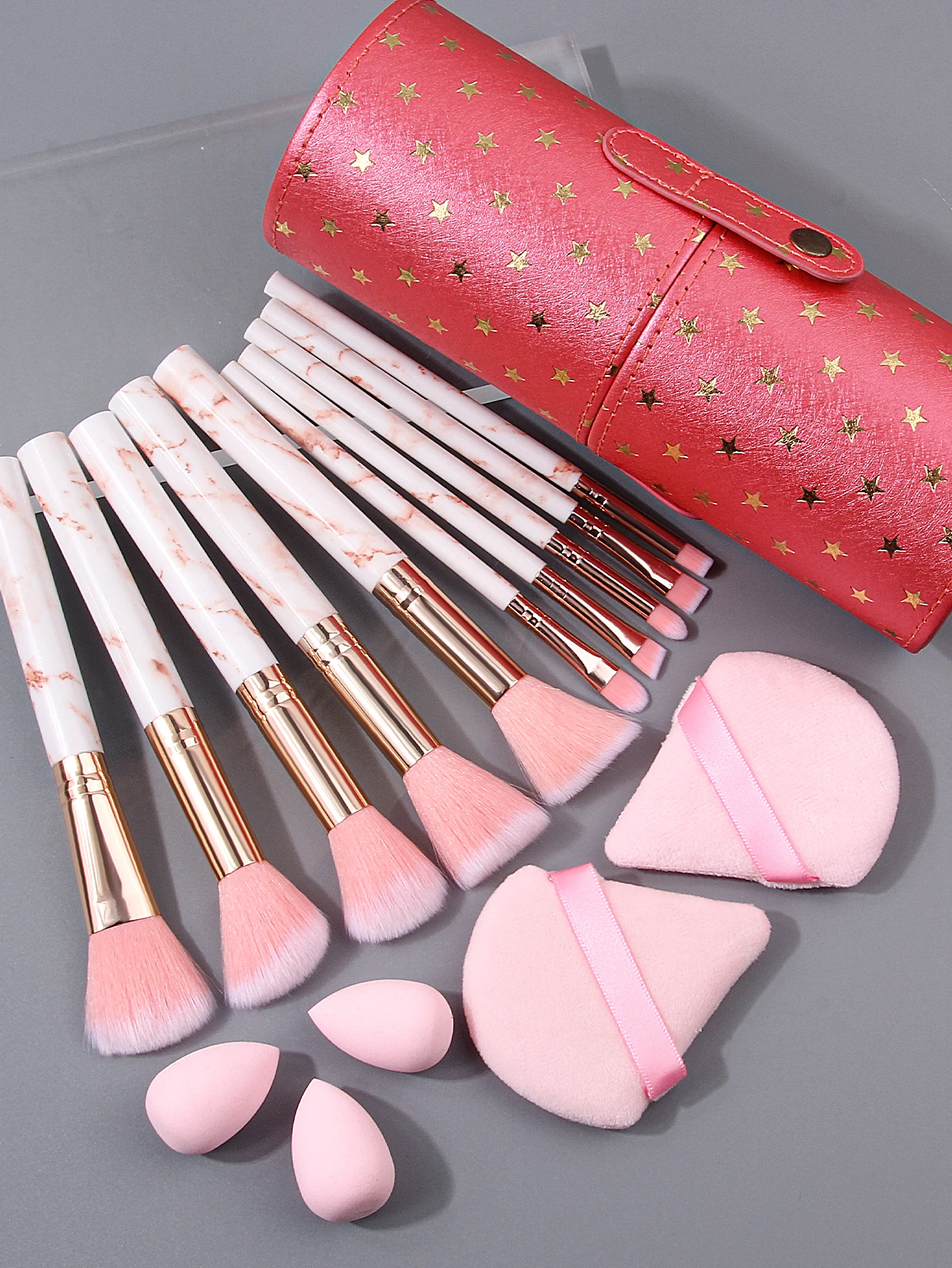 대리석 메이크업 브러쉬 세트, 뷰티 도구 풀세트, 16종 세트, 뷰티 도구 수납함, 파우더 퍼프, 메이크업 스펀지