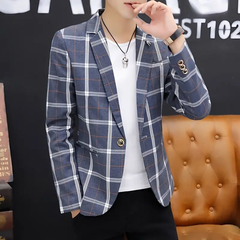 

Мужские блейзеры, корейский Тонкий Повседневный клетчатый костюм, куртка, весна-осень, на одной пуговице, с длинным рукавом, модное мужское пальто