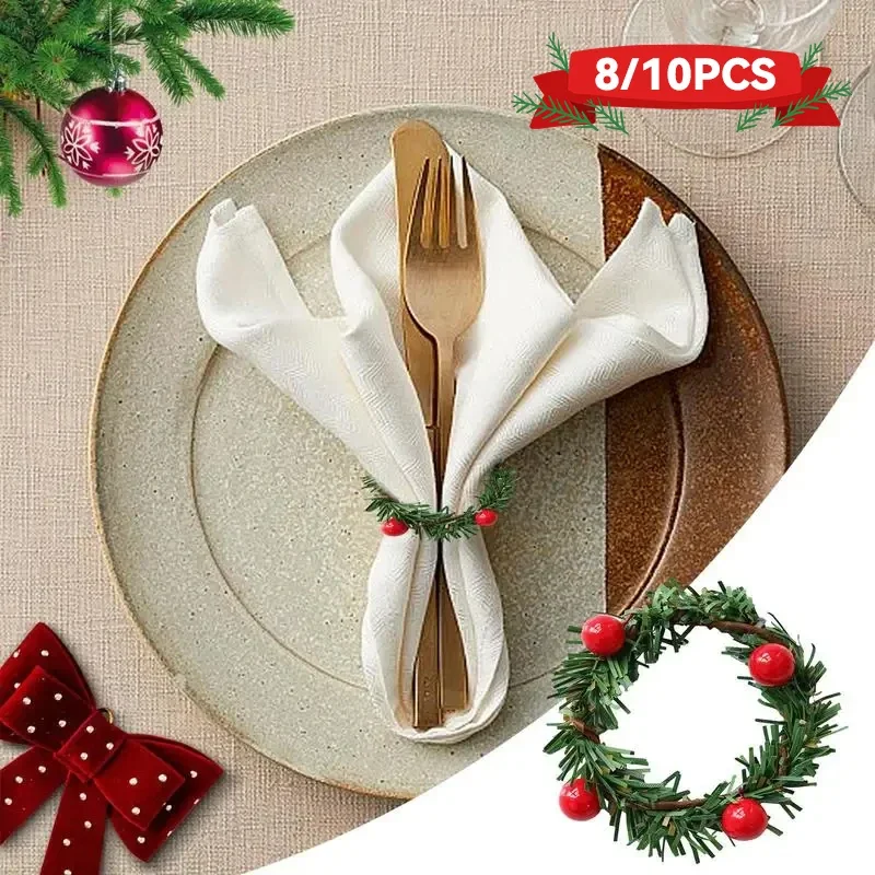 

2023 New Christmas Red Fruit PVC Pine Needle Napkin Ring Holders Xmas Table Decoration Home Wedding Banquet Hotel Table Sup
