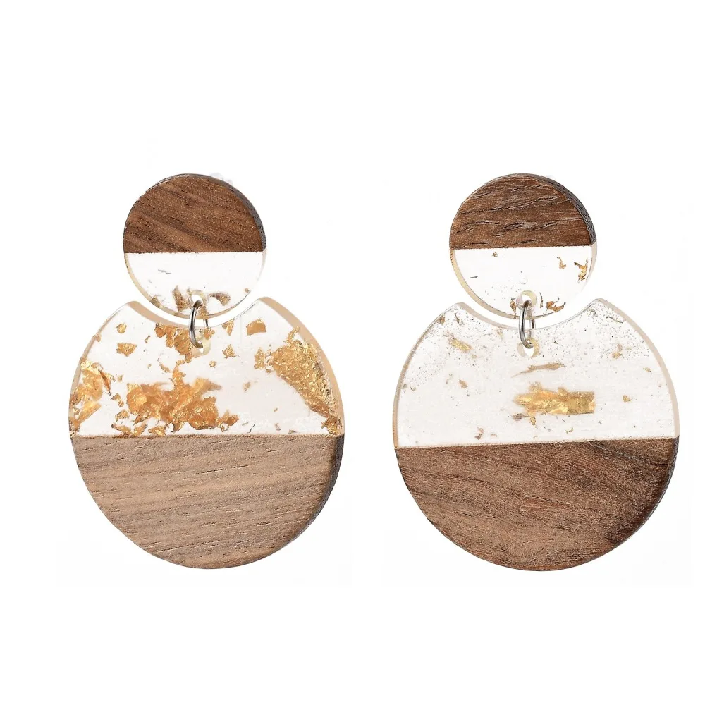 5Pairs Resin Walnut Wood Dangle Stud Earrings with Gold Foil Steel Pin Round Earring Stud Base Connectors for Jewelry Making DIY