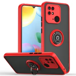 Shockproof Matte Phone Case with Magnetic Ring Stand Holder and Armor Protection for Redmi 10C (QY - Red)