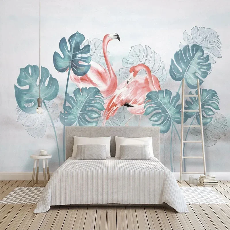 

Custom 3D Modern Hand-Painted Background Wall Nordic Watercolor Flamingo Small Fresh Monstera Mural Wallpaper For Bedroom Tapety