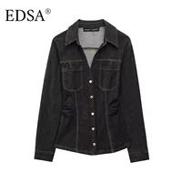 EDSA Women Black Denim Pants Set Fitted Shirt with Patch Pockets Pintuck Straight Leg Jeans Long Pants Suit - Image 2
