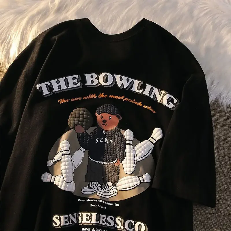 Männer und Frauen Kurzarm T-Shirt Rundhals hemd Lustiges Bowling Bear American Loose Lässiges Paar Halb Ärmel Sommer