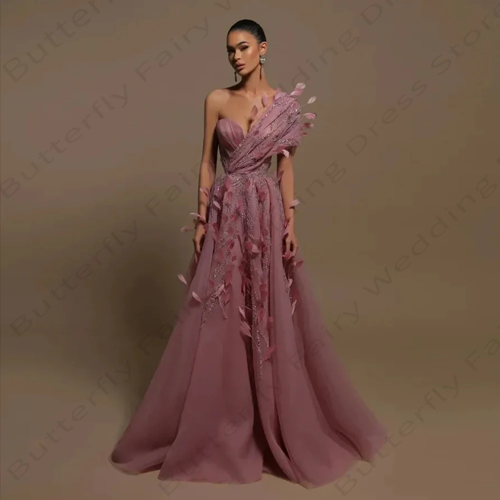 high low prom party dresses with sash strapless dusty pink tulle puffy tiered custom evening formal gown robe de soiree 2024 Women's Evening Dresses Pink Lace Tulle Princess Prom Gowns With Feather Sexy Off Shoulder Fashion Celebrity Party Robe De