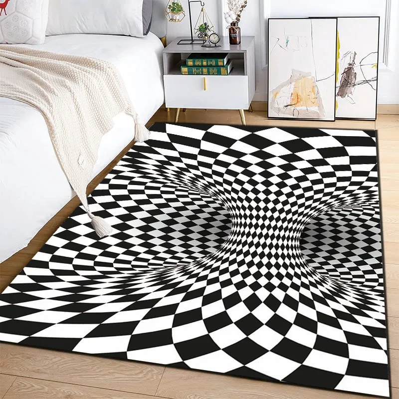 Tappetino Per Camera Da Letto 3D Tappeto In Bianco E Nero Ottica Geometrica Astratta Tappeto Verticale Antiscivolo Decorazione Del Soggiorno