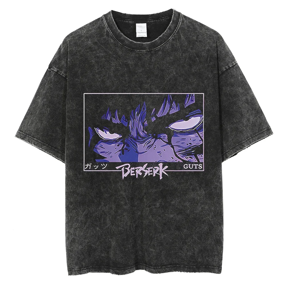 

2023 Summer Men Harajuku Oversize Tshirt Vintage Berserk Anime Print T-Shirt Streetwear Hip Hop Fashion Cotton Washed Tees Black