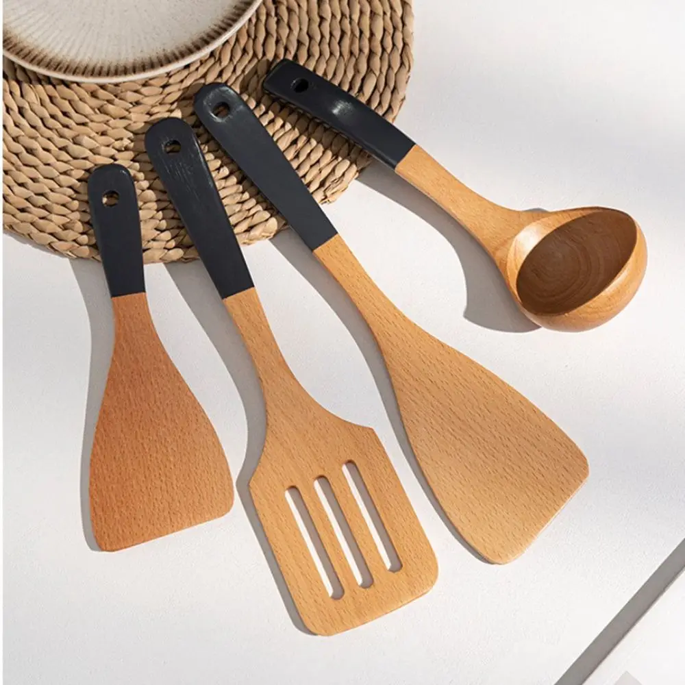 Natural Beech Wood Tableware Spoon Ladle Turner Rice Colander Soup Skimmer Cooking Spoon Scoop Kitchen Reusable Tool