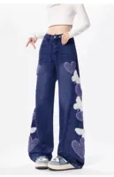 Large Size 2XL-6XL Women Loose High Waist Autumn Winter Fashion Korean Jeans Heart Shape Embroidery Blue Straight Wide-leg Pants - Image 6