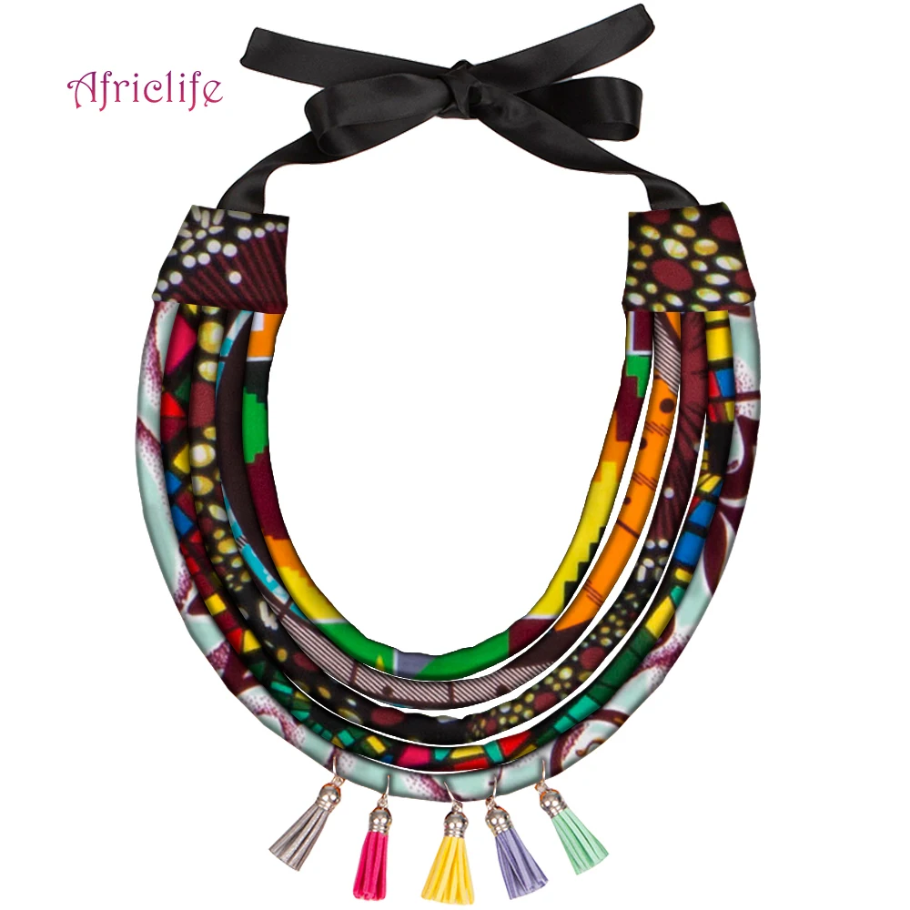 African Multi Color Tassels Necklace Handmade Fabric Ankara Multi Layered Rope Statement Necklace for Summer Holiday WYB12
