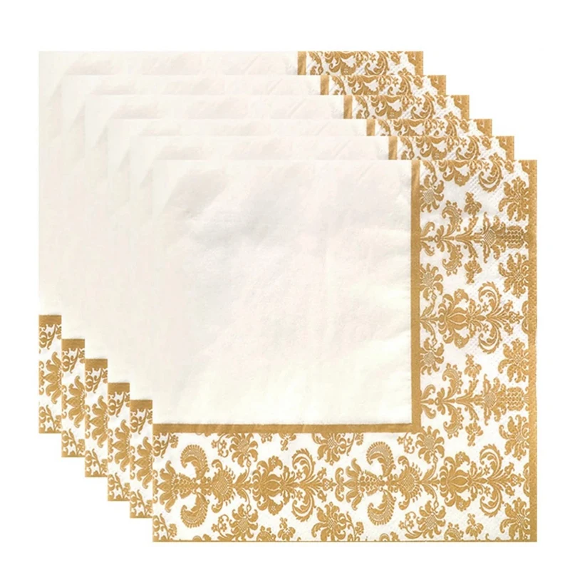 

2X 100Pcs Gold Printing Disposable Napkin Tissue Paper Printed Napkins For Restaurant And Hotel (Golden + White)