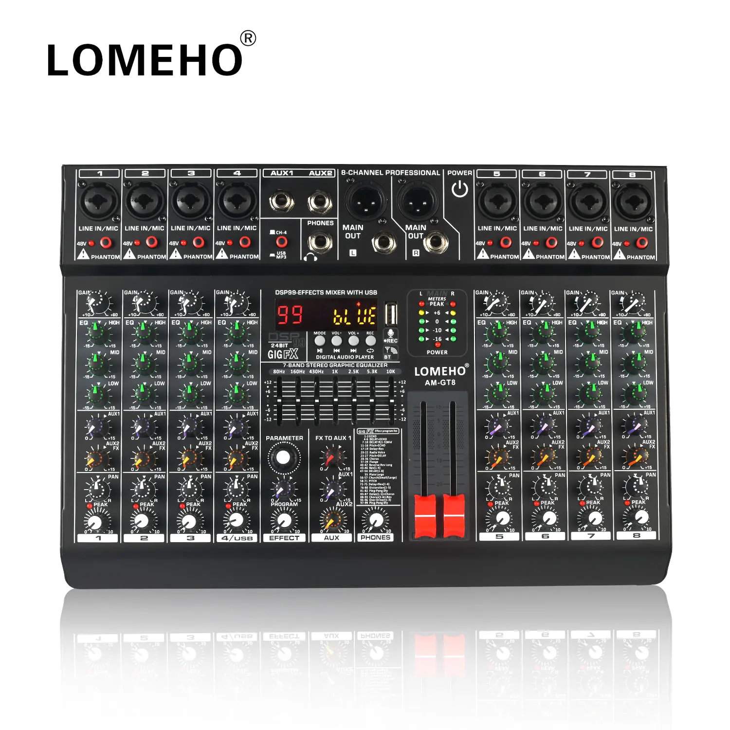 

LOMEHO 48V 8 Channel Mixing Console 99 Effect 7 Band EQ 2 AUX Output Audio Sound Mixer USB Bluetooth Play DJ Mix Table AM-GT8