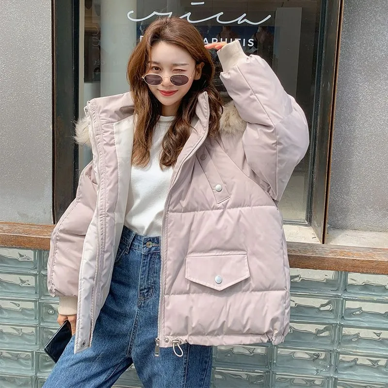 2023 New Women Down Cotton Coat Winter Jacket Female Short Parkas Loose Thick Warm Outwear Hooded Fur Collar Versatile Overcoat