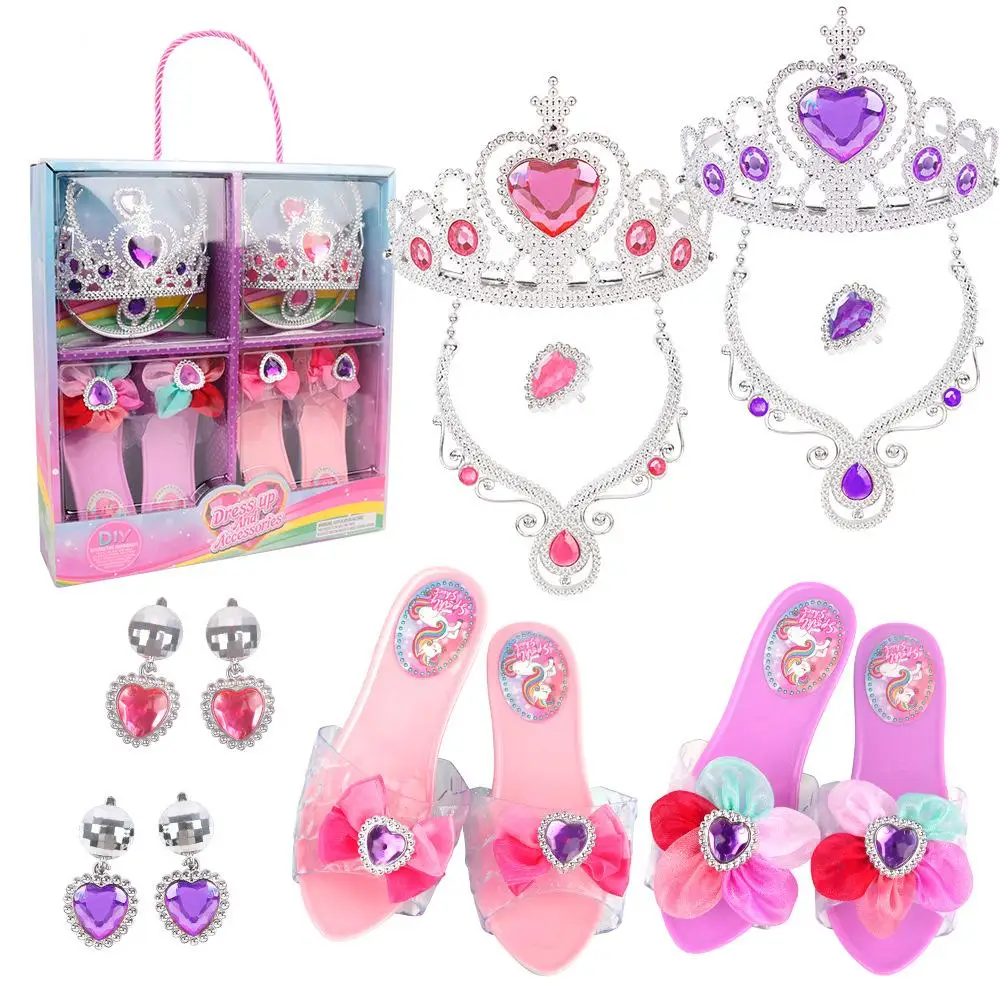Dress Up Toy Girl Glass Slipper Necklace Earrings Toy Jewelry Set Gift Box for Birthday/Halloween/Chrismas princess pretend toys