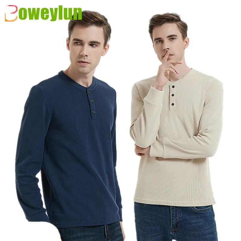 

Boweylun 280g Cotton American Washed Henley Shirt Men's Long Sleeve Comfortable And Breathable Solid Casual Crew Neck T-shirt