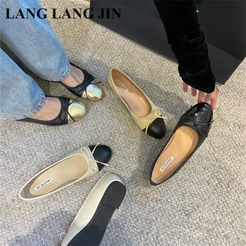 Fashion Round Toe Flat Casual Shoes Women Flats Ballet Female Bow Ballerinas Soft Moccasins Brand Black With Beige Classic Mujer 1