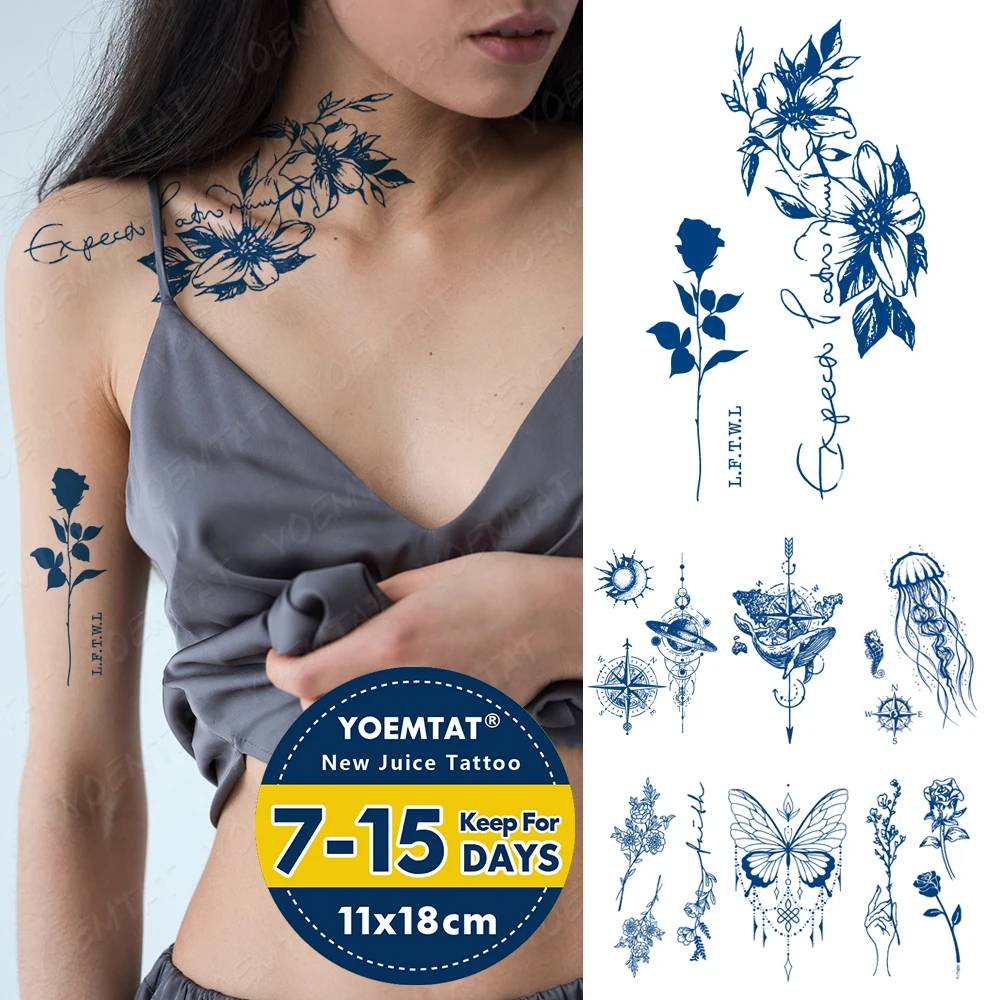 

Genipin Herbal Waterproof Temporary Tattoo Sticker Flower Whale Butterfly Juice Lasting Ink Semi-Permanent Body Art Fake Tatoo