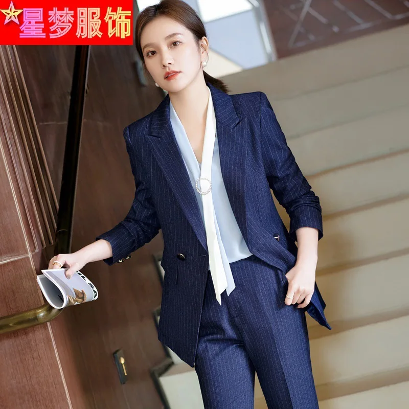 966 Blue Striped Suit Korean Style Temperament Office Suits Business Formal Wear Hotel Front Desk Interview Business Wear