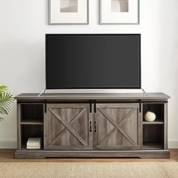 farmhouse entertainment center tv stand 80+ inch tv storage sliding barn door low bookshelf