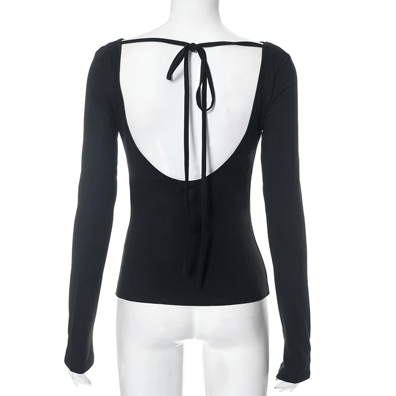 Irregular Swing Collar Ruched Off Shoulder Crop Vest Long Sleeve Backless Strappy Women Casual Tops Streetwear In Autum