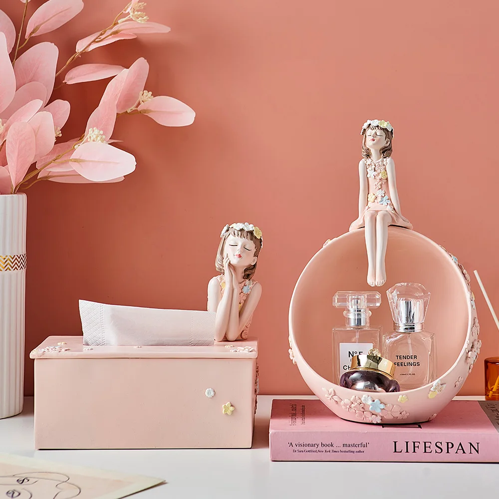 

Lovely Resin Storage Box Pink Flower Girl Storage Basket Desktop Candy Nut Storage Girls Room Decor Accessories Tissue Holder