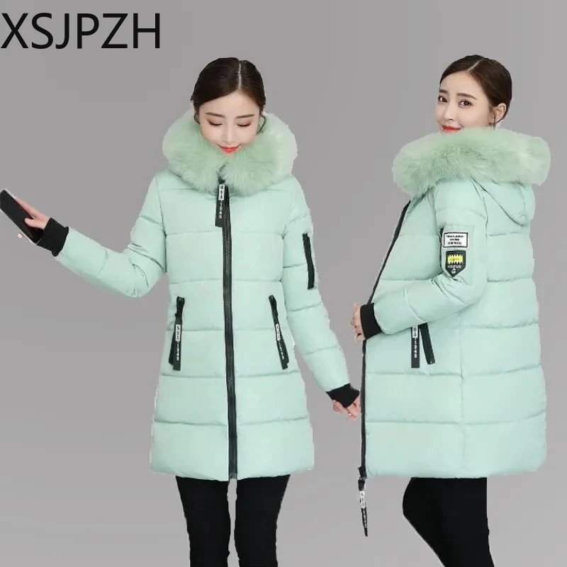 

XSJPZH женские зимние парки, куртка, длинная Теплая стеганая зимняя одежда, верхняя одежда, Женская модная пуховая хлопковая куртка с меховым воротником и капюшоном