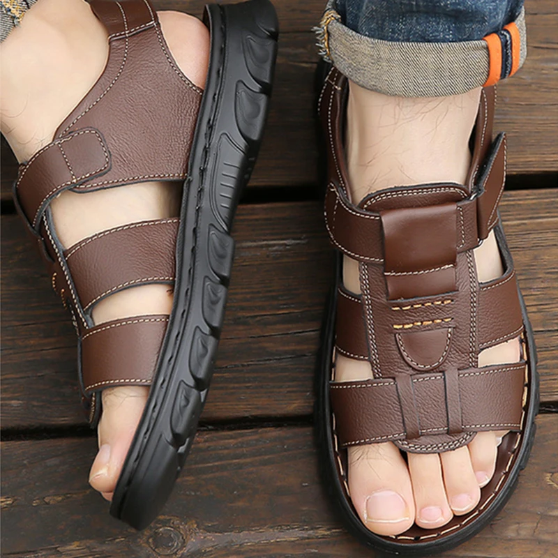 Oulylan Sandals Men's New Beach Shoes Cowhide Slippers Outdoor Non-Slip Thick-soled Leather Sandals 2024 Male Outdoor Sandals
