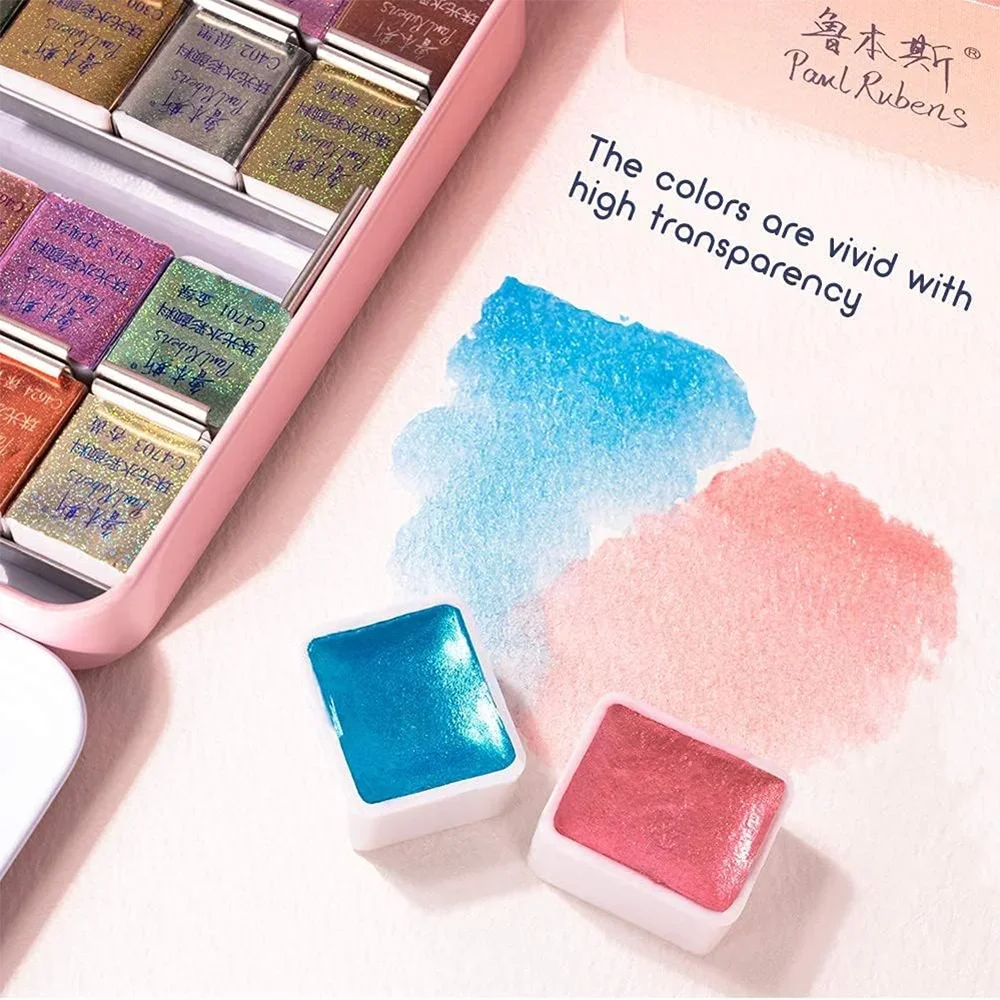 Paul Rubens 전문 아티스트 금속 수채화 페인트, 컬러 팔레트 아트 용품 포함, 48 광택 광택 솔리드 드로잉 안료