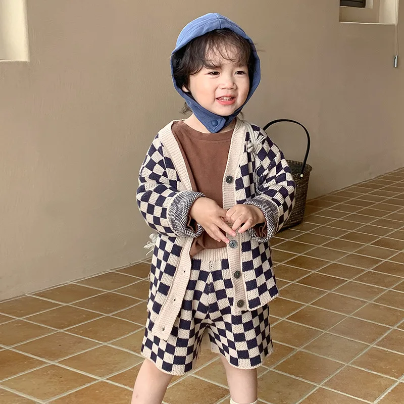 

Children Outfits Autumn Korean Boys and Girls Woolen Top and Pants Plaid Vitality Cardigan Full Two Piece Set Baby Clothes