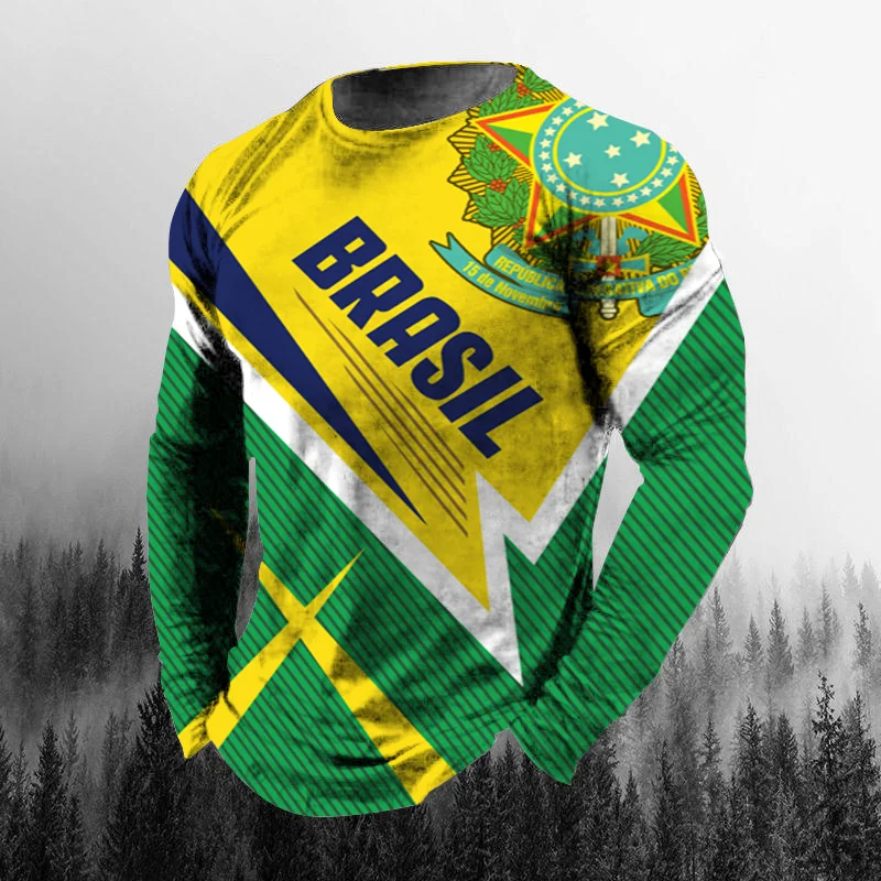 Vintage brasilia nische Flagge 3D-Druck Herbst Männer O-Ausschnitt T-Shirt lässig Langarm übergroße T-Shirt Mode Pullover Männer Kleidung