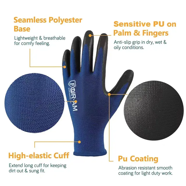 Guantes de trabajo recubiertos de PU ultrafinos, excelente agarre, carcasa de nailon, guantes de trabajo de seguridad recubiertos de poliuretano negro, puño de muñeca de punto, 3 pares - Imagen 2
