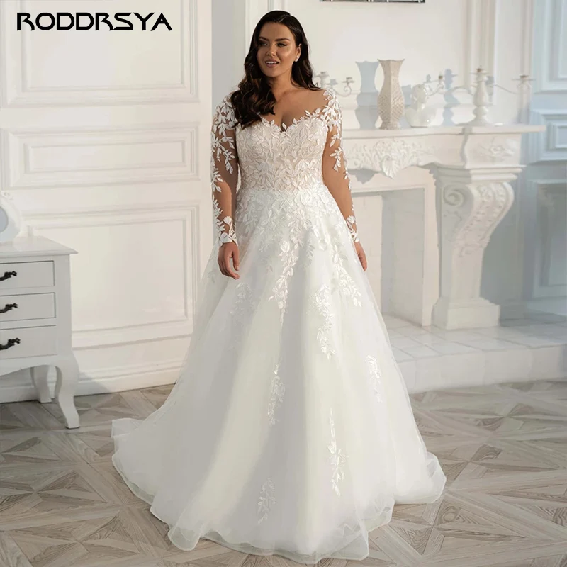 

Plus Size Wedding Dress Elegant Long Sleeves Lace Bride Dress 2023 Tulle Applique Sweep Train A-Line robe de mariée