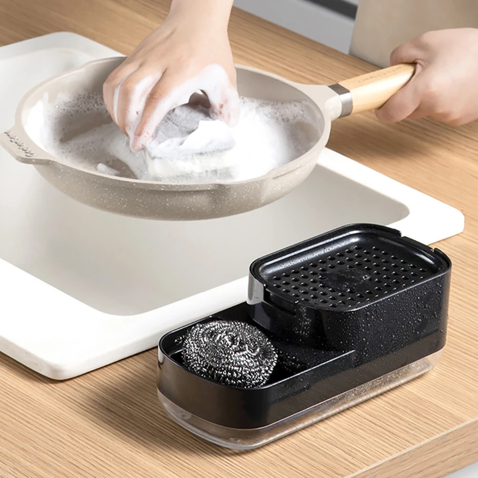 Kitchen Sink Dish Soap Pump Dispenser Countertop Liquid Hand Soap Dispenser whit Sponge Holder Steel Pad Storage Press-Type